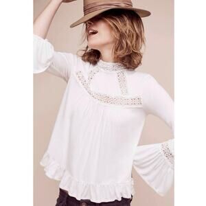 NWT Anthropologie Eri + Ali White Rayne Swing Top Long Sleeve Ruffle Hem Sz M